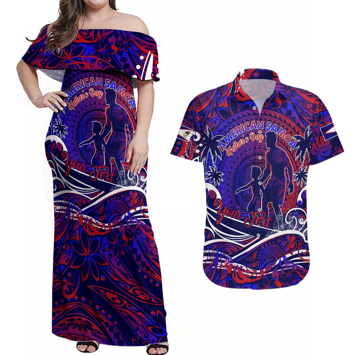 Father's Day American Samoa Couples Matching Off Shoulder Maxi Dress and Hawaiian Shirt Special Dad Polynesia Paradise DT02 Blue - Polynesian Pride