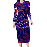 Father's Day American Samoa Family Matching Long Sleeve Bodycon Dress and Hawaiian Shirt Special Dad Polynesia Paradise DT02 Mom's Dress Blue - Polynesian Pride