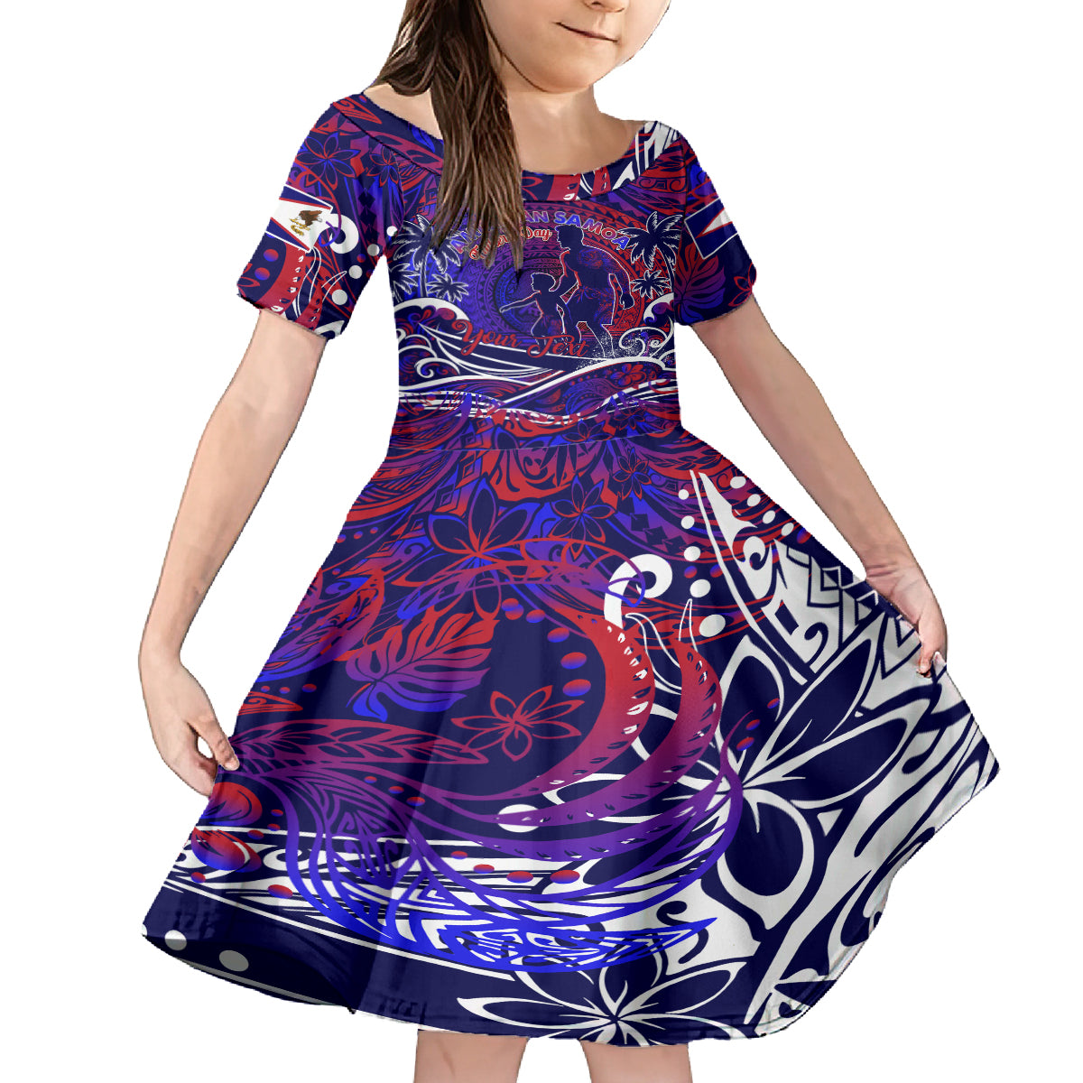 Father's Day American Samoa Family Matching Off The Shoulder Long Sleeve Dress and Hawaiian Shirt Special Dad Polynesia Paradise DT02 Daughter's Dress Blue - Polynesian Pride