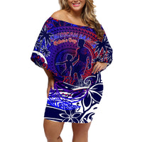 Father's Day American Samoa Family Matching Off Shoulder Short Dress and Hawaiian Shirt Special Dad Polynesia Paradise DT02 Mom's Dress Blue - Polynesian Pride