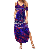 Father's Day American Samoa Family Matching Summer Maxi Dress and Hawaiian Shirt Special Dad Polynesia Paradise DT02 Mom's Dress Blue - Polynesian Pride