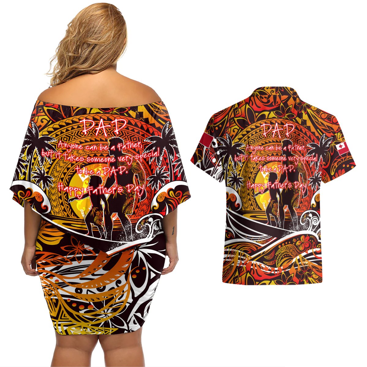 Father's Day Tonga Couples Matching Off Shoulder Short Dress and Hawaiian Shirt Special Dad Polynesia Paradise