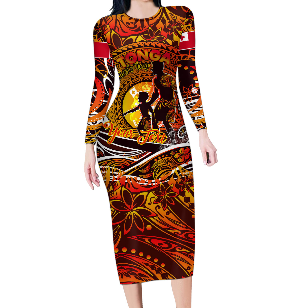 Father's Day Tonga Family Matching Long Sleeve Bodycon Dress and Hawaiian Shirt Special Dad Polynesia Paradise DT02 Mom's Dress Orange - Polynesian Pride