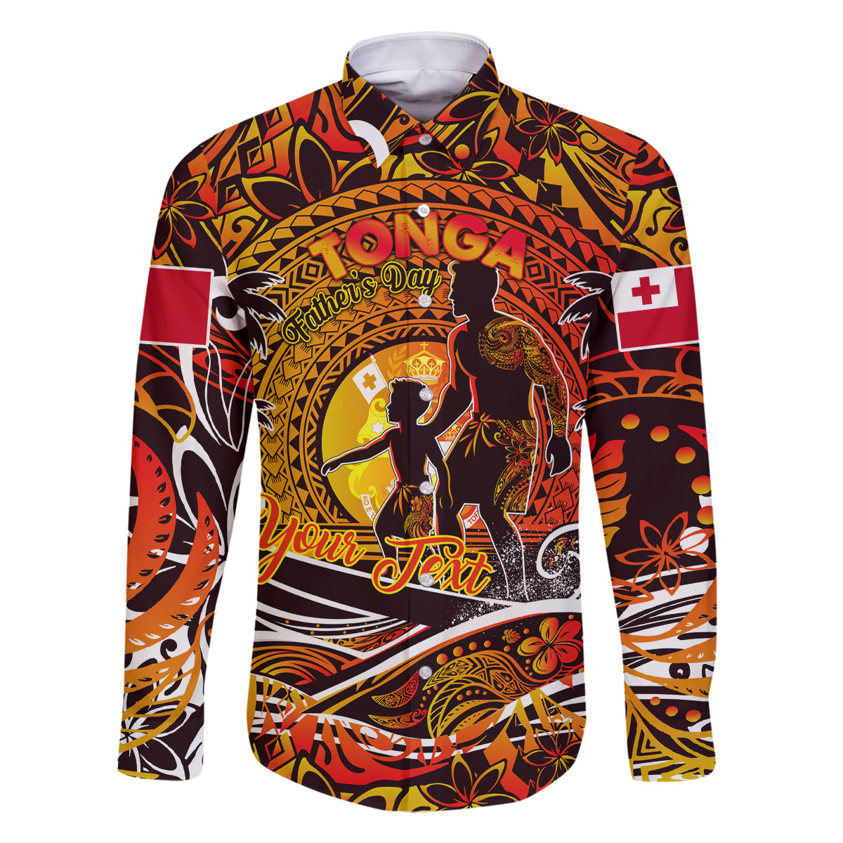 Father's Day Tonga Family Matching Off The Shoulder Long Sleeve Dress and Hawaiian Shirt Special Dad Polynesia Paradise DT02 Dad's Shirt - Long Sleeve Orange - Polynesian Pride