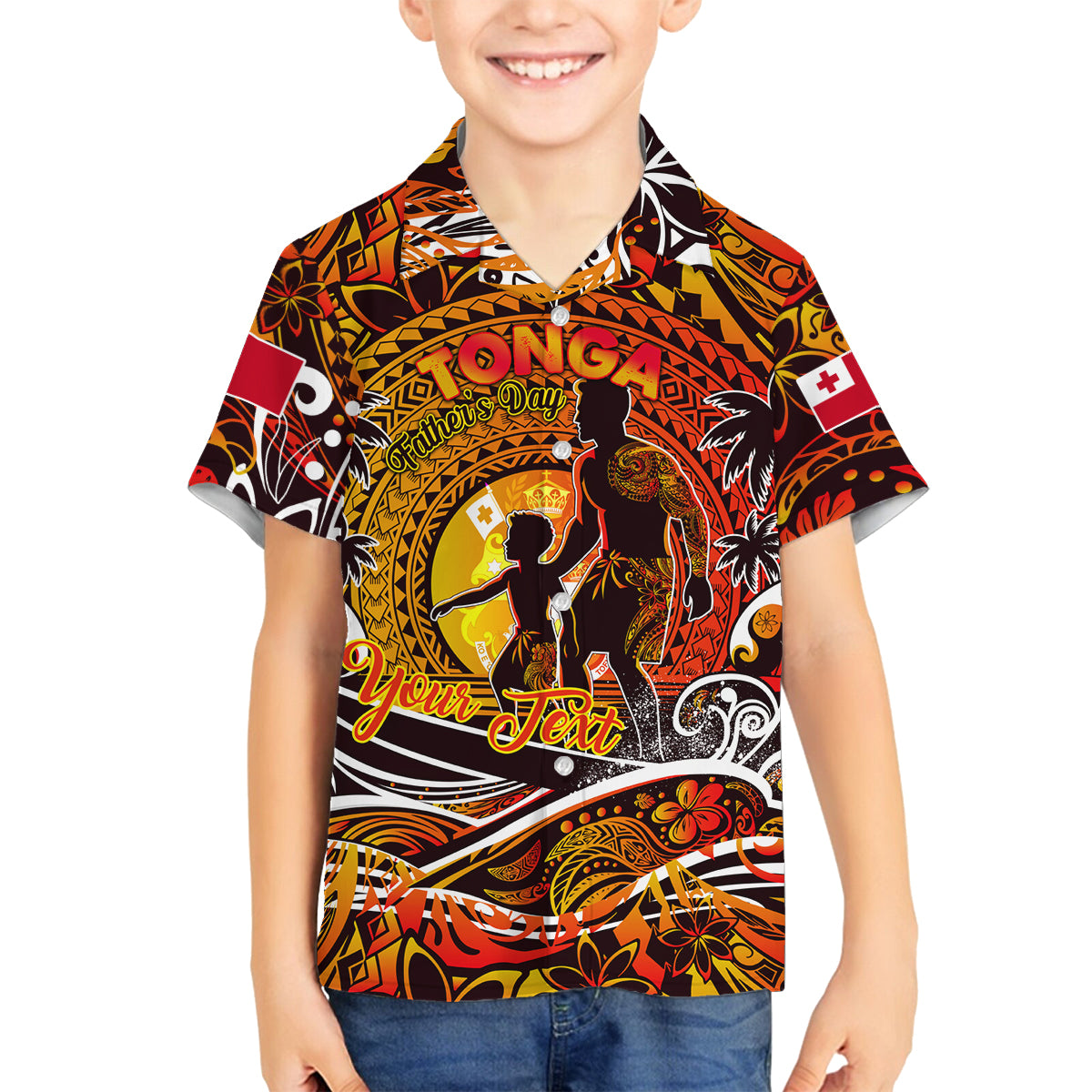 Father's Day Tonga Family Matching Off The Shoulder Long Sleeve Dress and Hawaiian Shirt Special Dad Polynesia Paradise DT02 Son's Shirt Orange - Polynesian Pride