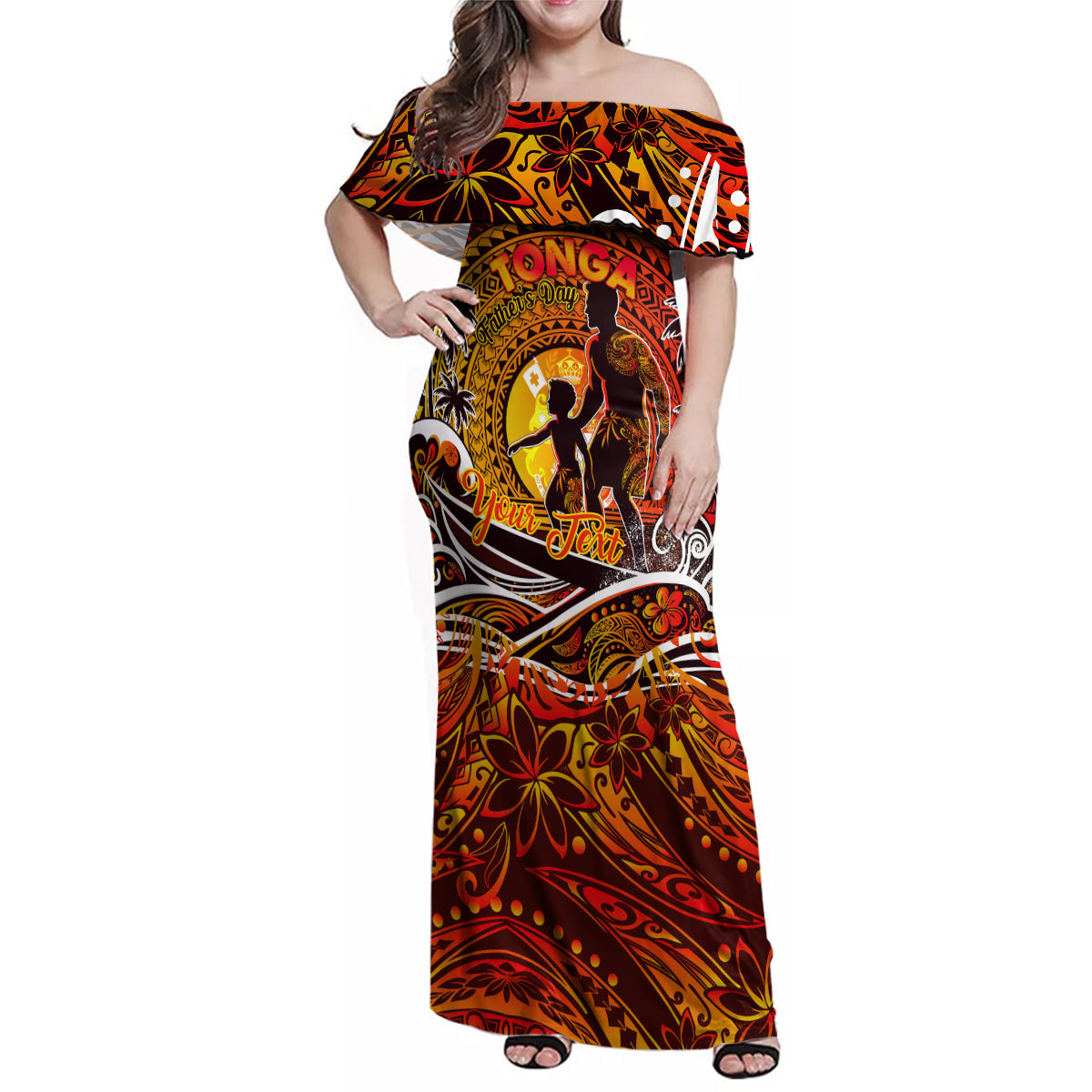 Father's Day Tonga Family Matching Off Shoulder Maxi Dress and Hawaiian Shirt Special Dad Polynesia Paradise DT02 Mom's Dress Orange - Polynesian Pride
