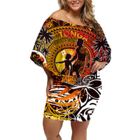 Father's Day Tonga Family Matching Off Shoulder Short Dress and Hawaiian Shirt Special Dad Polynesia Paradise DT02 Mom's Dress Orange - Polynesian Pride
