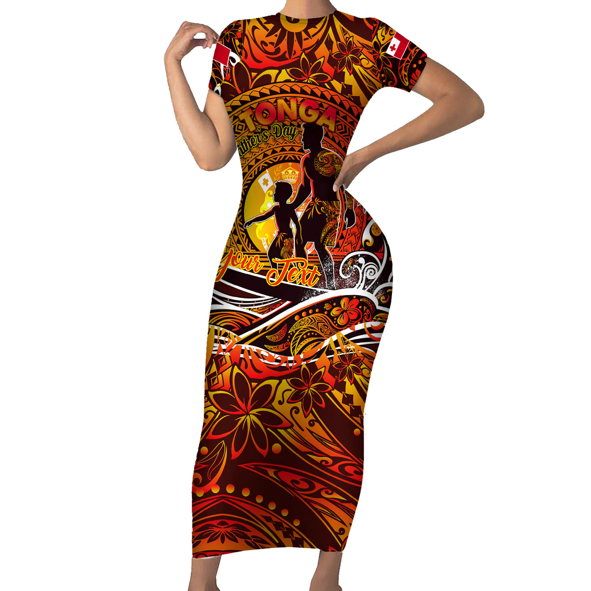 Father's Day Tonga Family Matching Short Sleeve Bodycon Dress and Hawaiian Shirt Special Dad Polynesia Paradise DT02 Mom's Dress Orange - Polynesian Pride