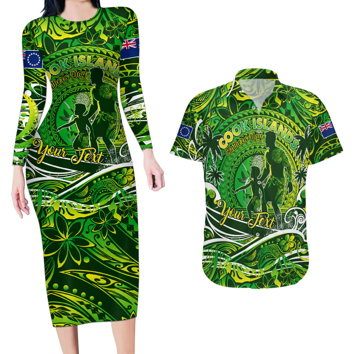 Father's Day Cook Islands Couples Matching Long Sleeve Bodycon Dress and Hawaiian Shirt Special Dad Polynesia Paradise DT02 Green - Polynesian Pride