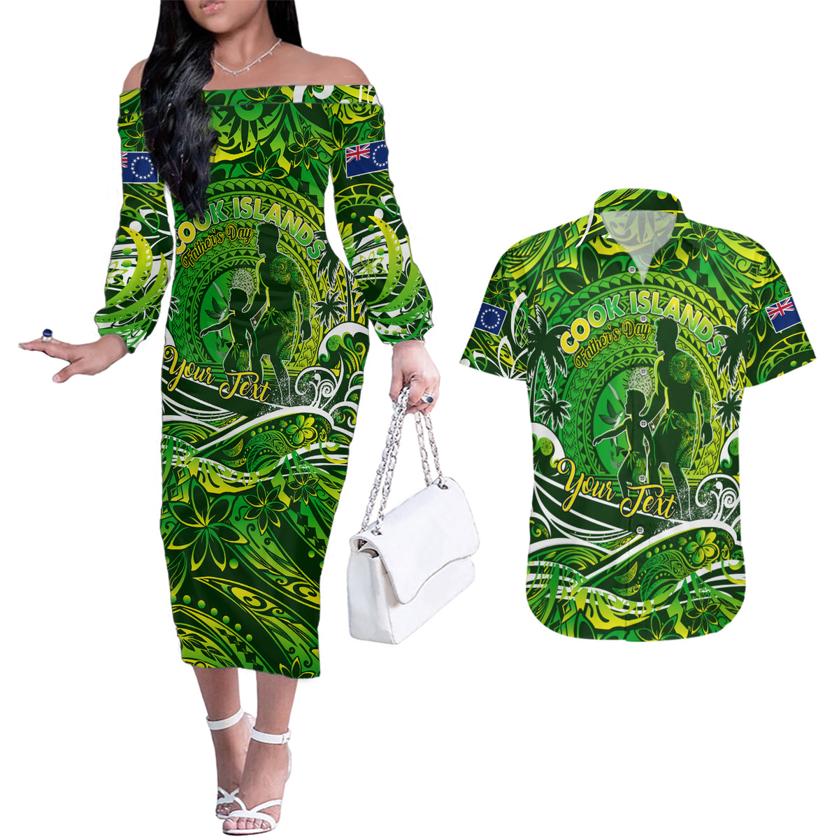 Father's Day Cook Islands Couples Matching Off The Shoulder Long Sleeve Dress and Hawaiian Shirt Special Dad Polynesia Paradise DT02 Green - Polynesian Pride
