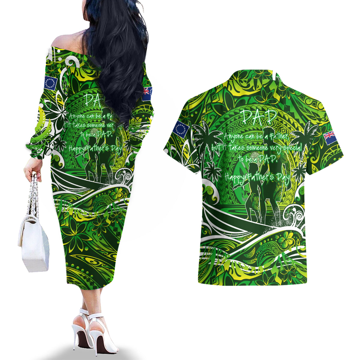 Father's Day Cook Islands Couples Matching Off The Shoulder Long Sleeve Dress and Hawaiian Shirt Special Dad Polynesia Paradise DT02 - Polynesian Pride