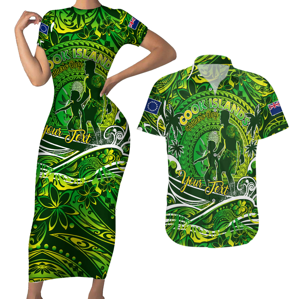 Father's Day Cook Islands Couples Matching Short Sleeve Bodycon Dress and Hawaiian Shirt Special Dad Polynesia Paradise DT02 Green - Polynesian Pride