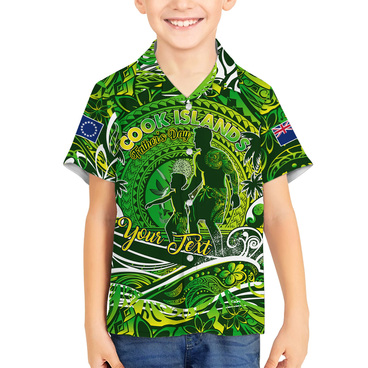 Father's Day Cook Islands Family Matching Off The Shoulder Long Sleeve Dress and Hawaiian Shirt Special Dad Polynesia Paradise DT02 Son's Shirt Green - Polynesian Pride