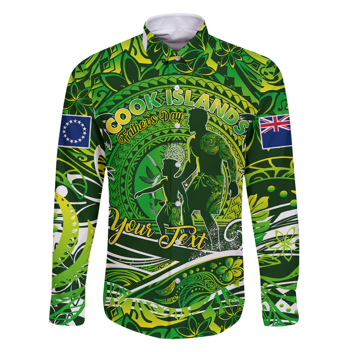 Father's Day Cook Islands Family Matching Off Shoulder Maxi Dress and Hawaiian Shirt Special Dad Polynesia Paradise DT02 Dad's Shirt - Long Sleeve Green - Polynesian Pride