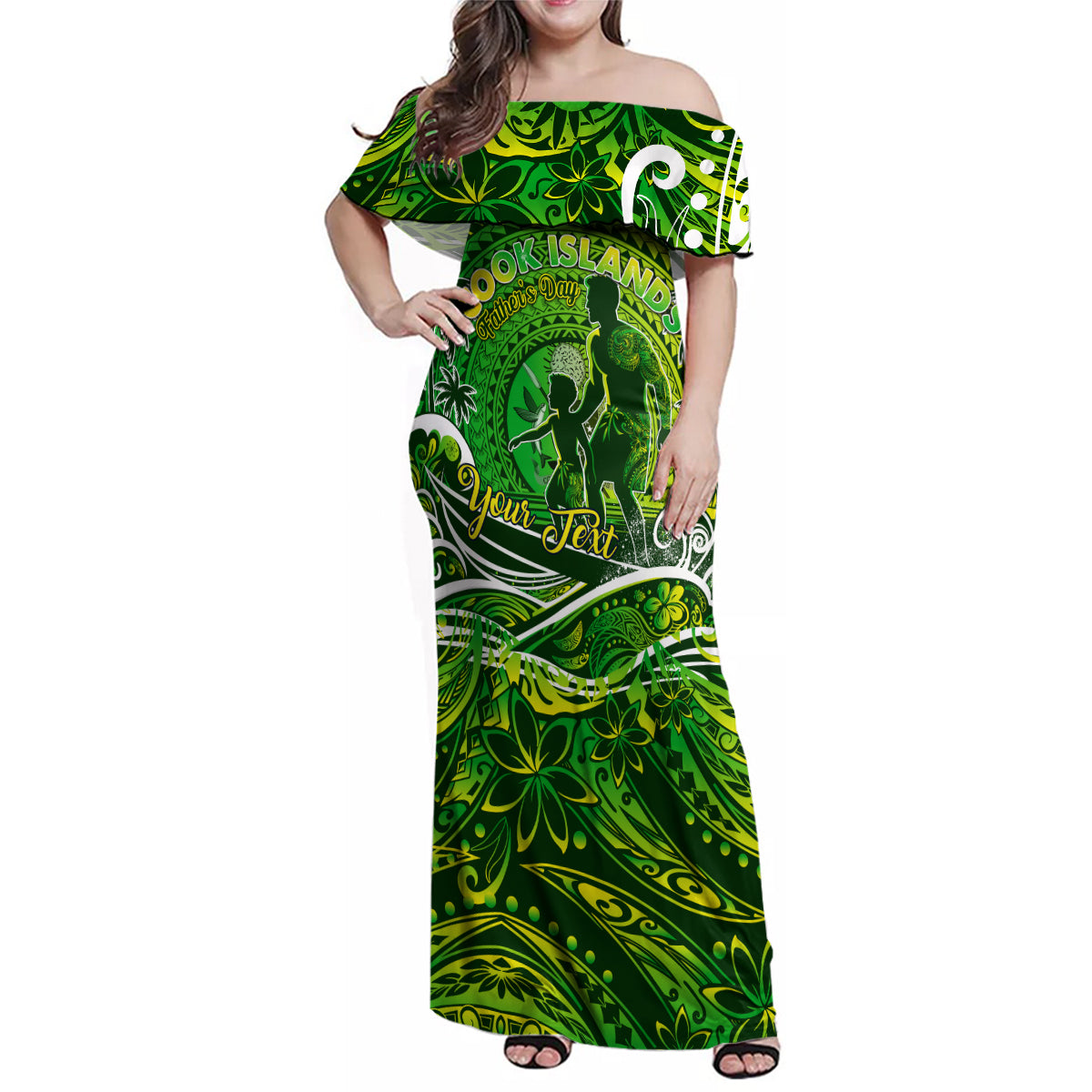 Father's Day Cook Islands Family Matching Off Shoulder Maxi Dress and Hawaiian Shirt Special Dad Polynesia Paradise DT02 Mom's Dress Green - Polynesian Pride