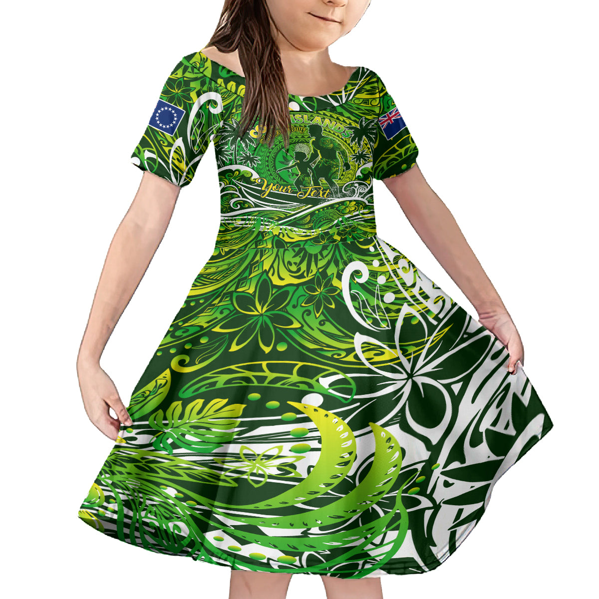 Father's Day Cook Islands Family Matching Off Shoulder Short Dress and Hawaiian Shirt Special Dad Polynesia Paradise DT02 Daughter's Dress Green - Polynesian Pride