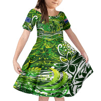 Father's Day Cook Islands Family Matching Off Shoulder Short Dress and Hawaiian Shirt Special Dad Polynesia Paradise DT02 Daughter's Dress Green - Polynesian Pride