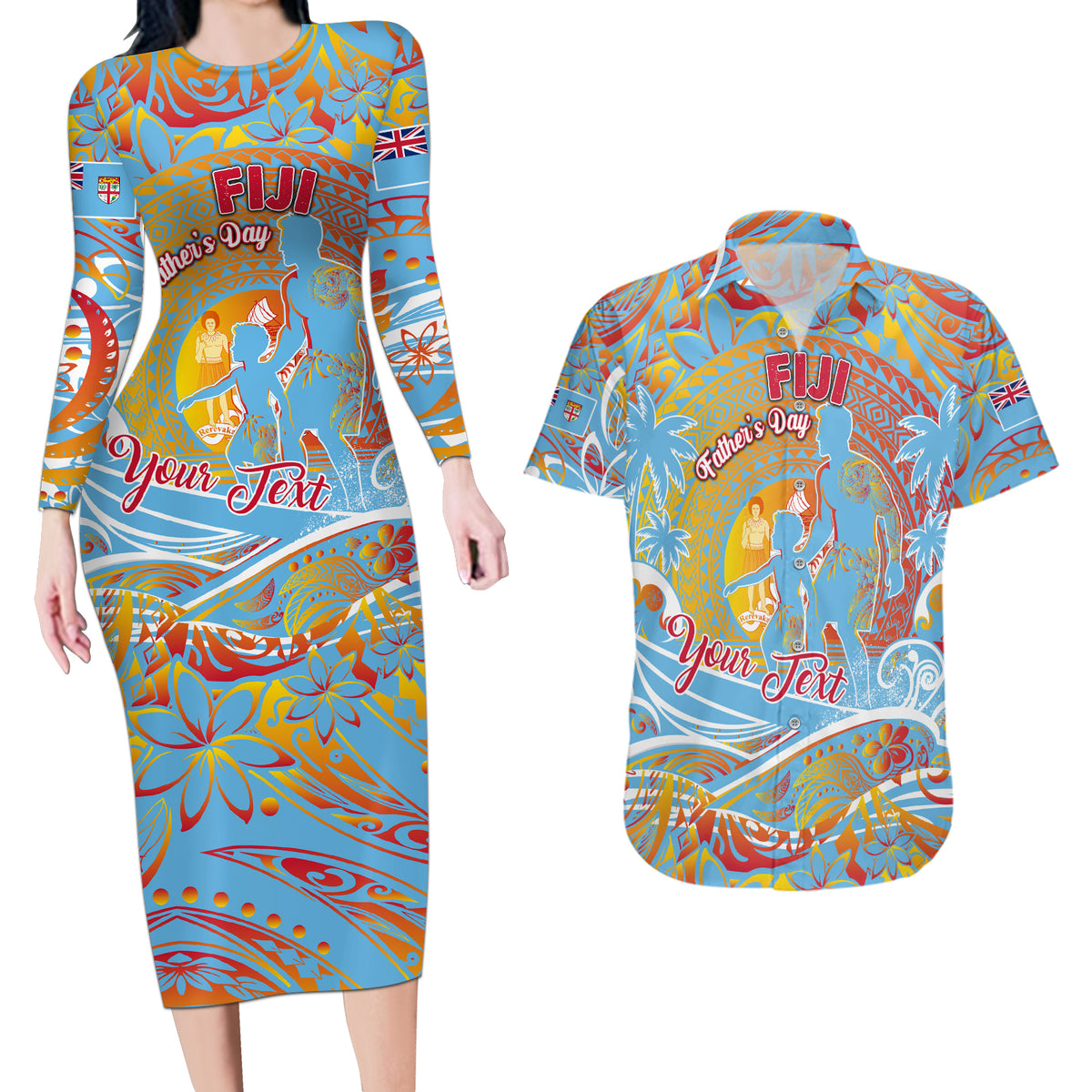 Father's Day Fiji Couples Matching Long Sleeve Bodycon Dress and Hawaiian Shirt Special Dad Polynesia Paradise DT02 Red - Polynesian Pride