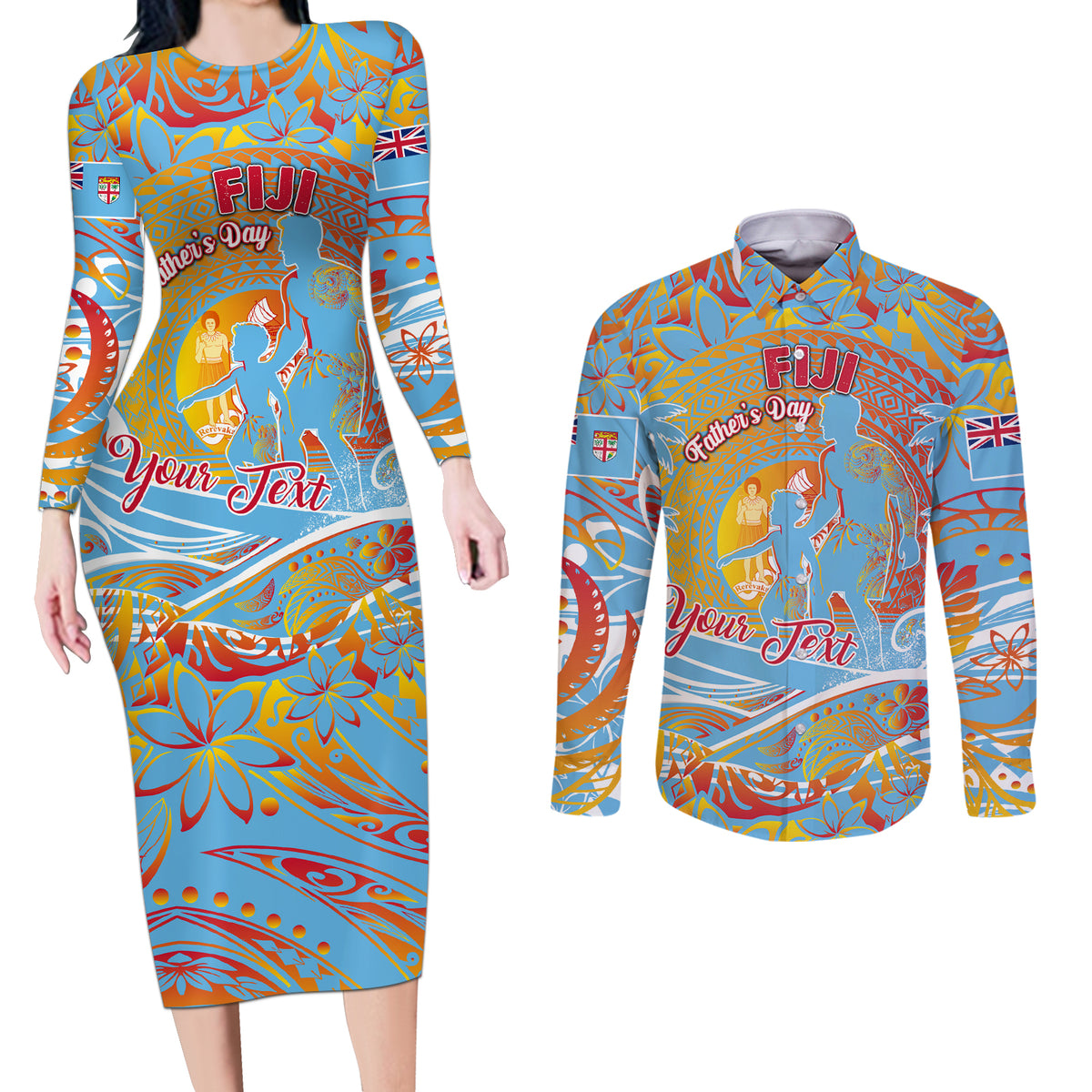 Father's Day Fiji Couples Matching Long Sleeve Bodycon Dress and Long Sleeve Button Shirt Special Dad Polynesia Paradise DT02 Red - Polynesian Pride