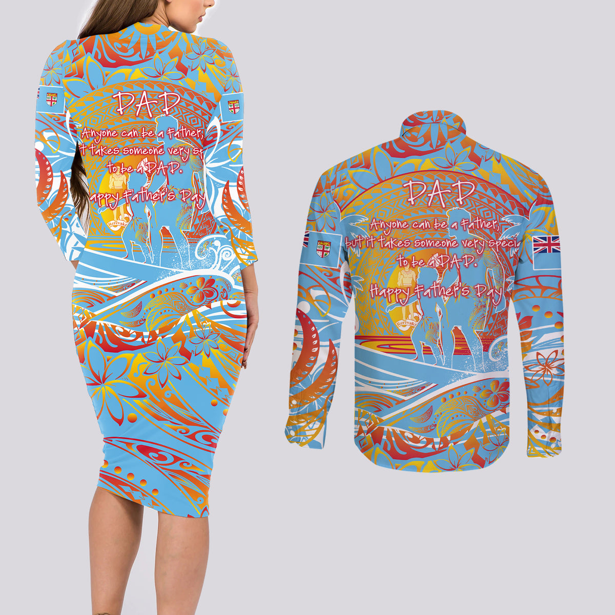 Father's Day Fiji Couples Matching Long Sleeve Bodycon Dress and Long Sleeve Button Shirt Special Dad Polynesia Paradise DT02 - Polynesian Pride