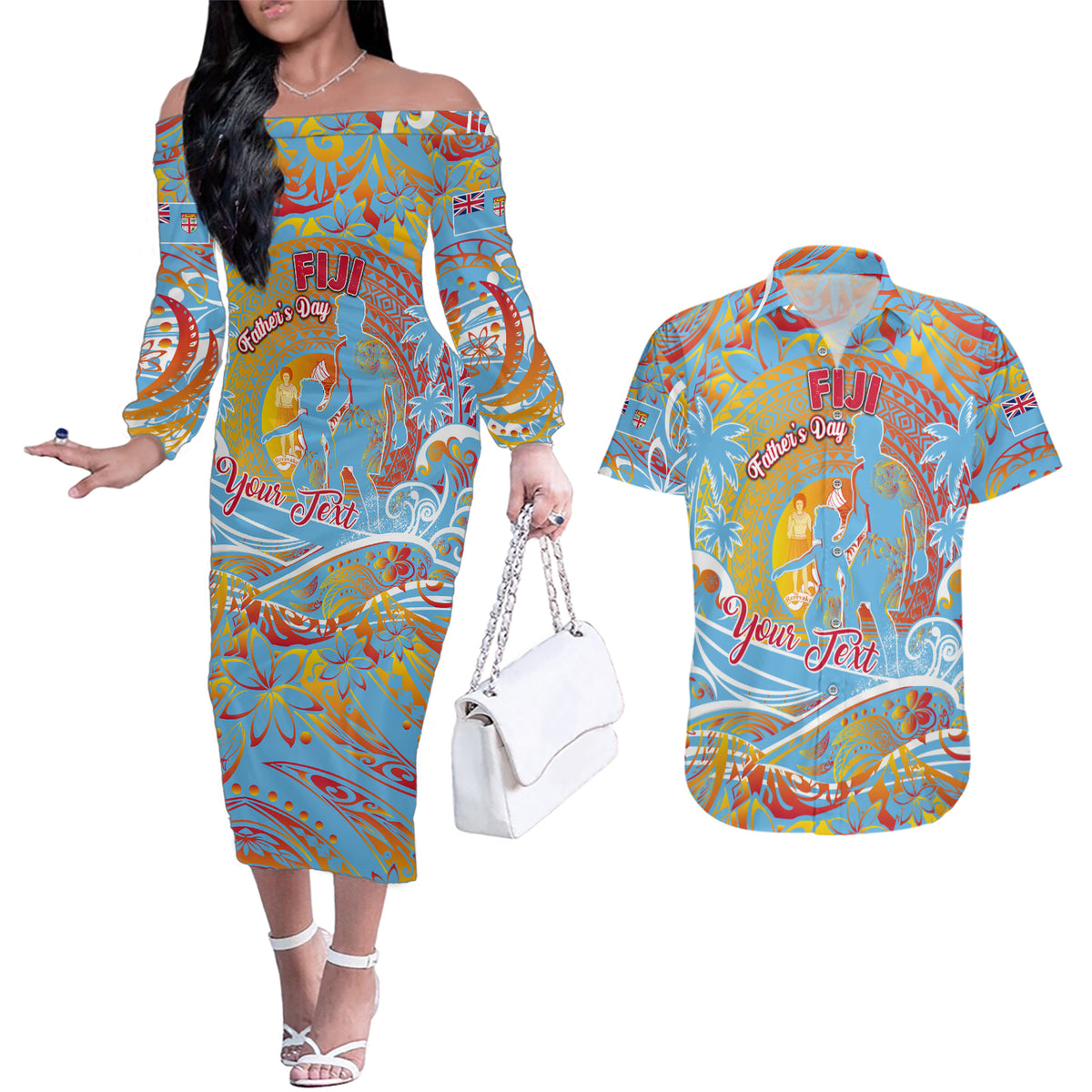 Father's Day Fiji Couples Matching Off The Shoulder Long Sleeve Dress and Hawaiian Shirt Special Dad Polynesia Paradise DT02 Red - Polynesian Pride