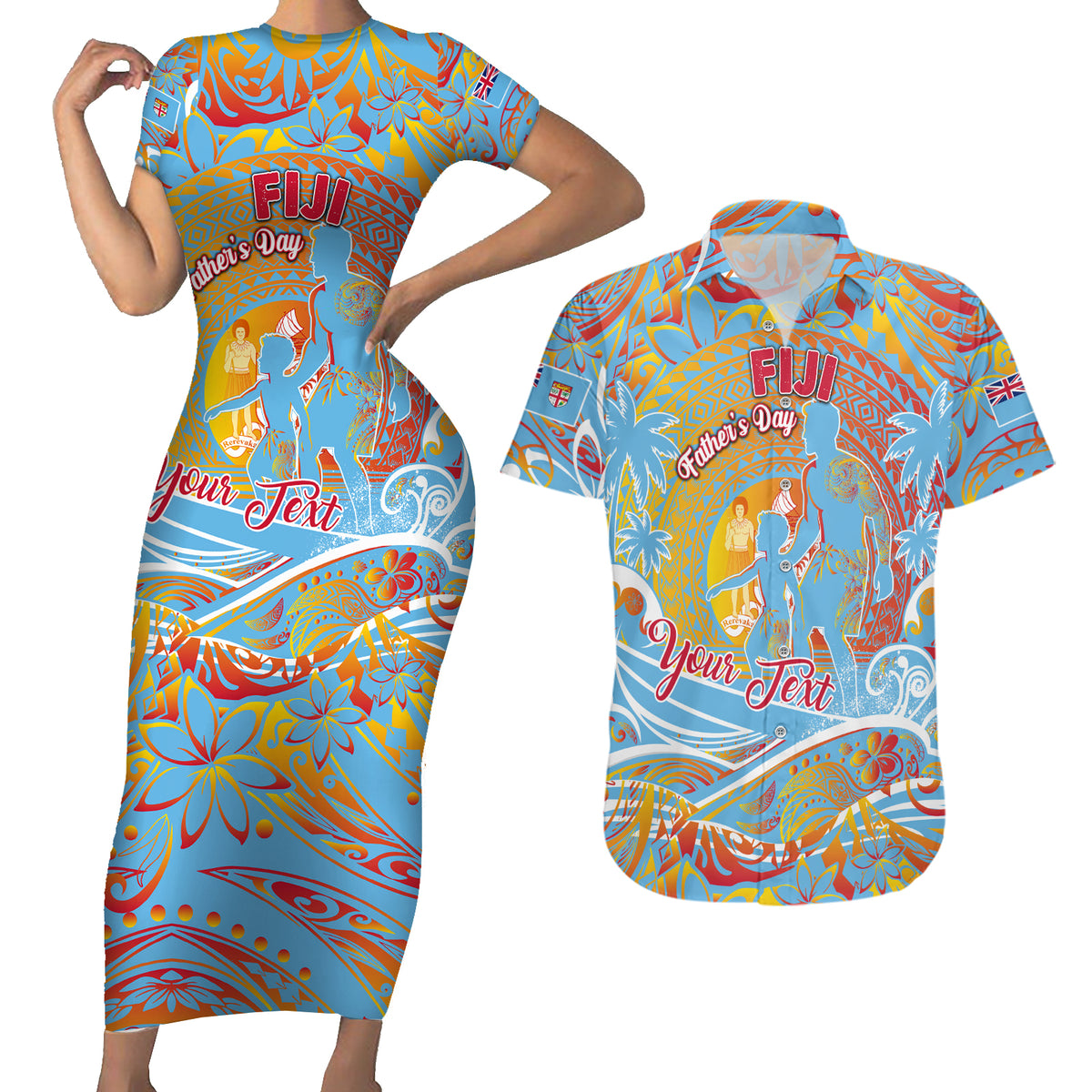 Father's Day Fiji Couples Matching Short Sleeve Bodycon Dress and Hawaiian Shirt Special Dad Polynesia Paradise DT02 Red - Polynesian Pride