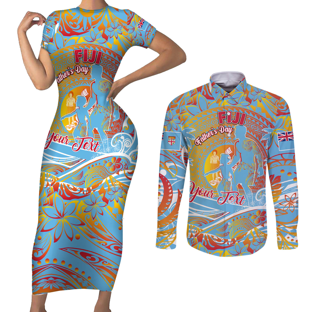 Father's Day Fiji Couples Matching Short Sleeve Bodycon Dress and Long Sleeve Button Shirt Special Dad Polynesia Paradise DT02 Red - Polynesian Pride