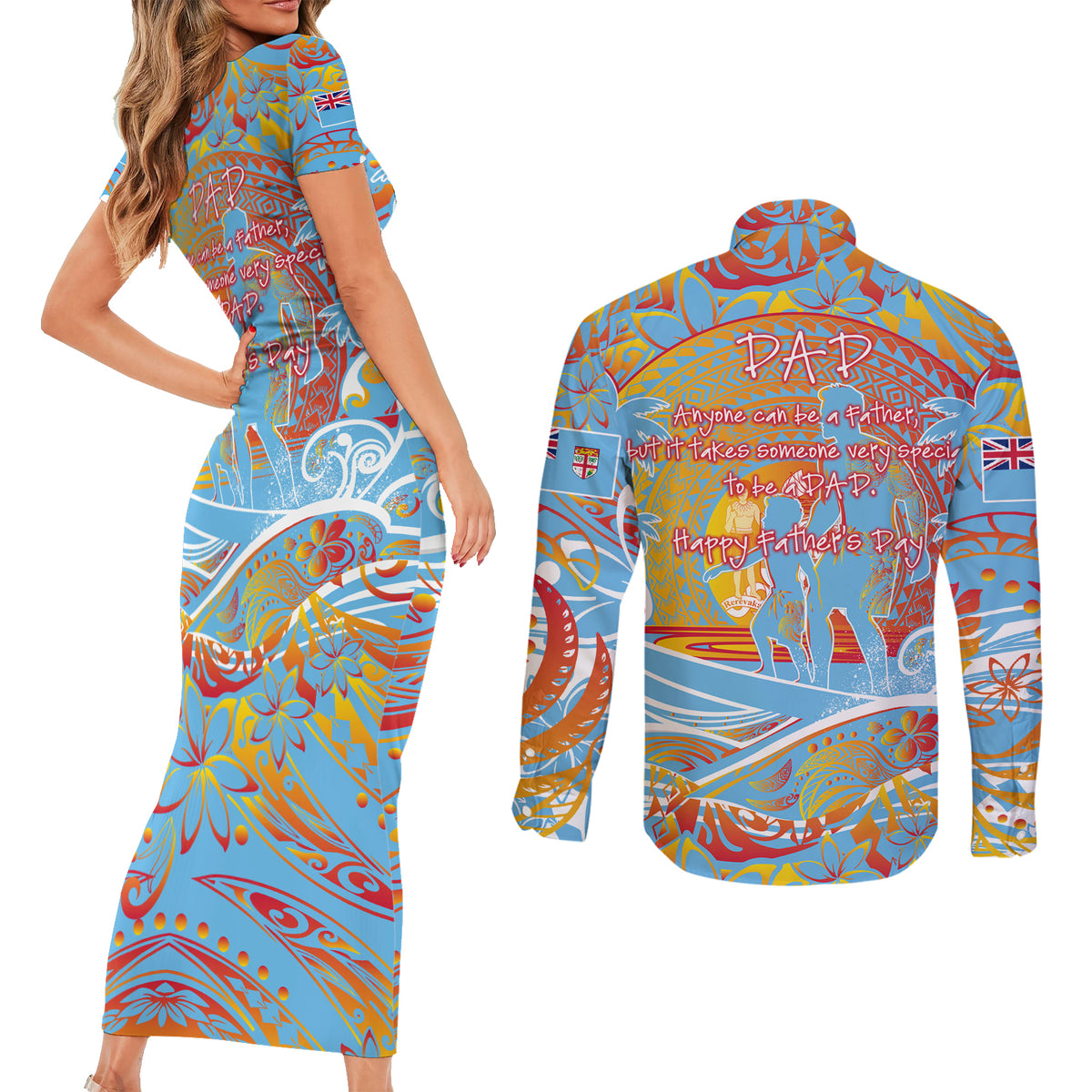 Father's Day Fiji Couples Matching Short Sleeve Bodycon Dress and Long Sleeve Button Shirt Special Dad Polynesia Paradise DT02 - Polynesian Pride