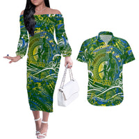 Father's Day Solomon Islands Couples Matching Off The Shoulder Long Sleeve Dress and Hawaiian Shirt Special Dad Polynesia Paradise DT02 Green - Polynesian Pride