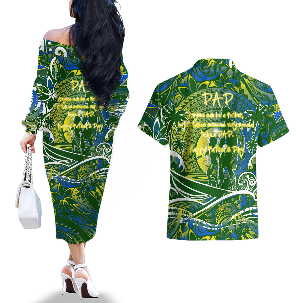 Father's Day Solomon Islands Couples Matching Off The Shoulder Long Sleeve Dress and Hawaiian Shirt Special Dad Polynesia Paradise DT02 - Polynesian Pride