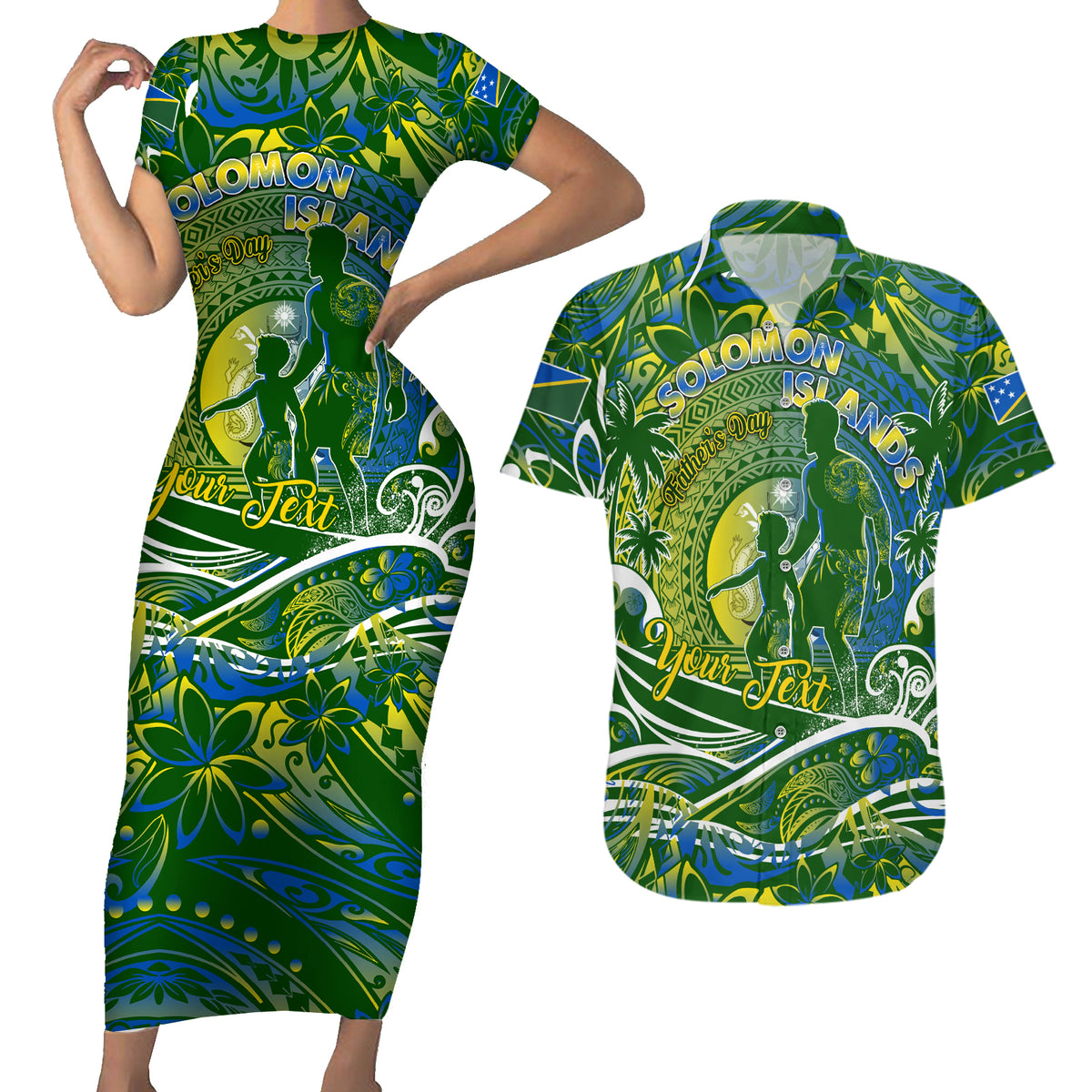 Father's Day Solomon Islands Couples Matching Short Sleeve Bodycon Dress and Hawaiian Shirt Special Dad Polynesia Paradise DT02 Green - Polynesian Pride