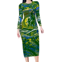 Father's Day Solomon Islands Family Matching Long Sleeve Bodycon Dress and Hawaiian Shirt Special Dad Polynesia Paradise DT02 Mom's Dress Green - Polynesian Pride