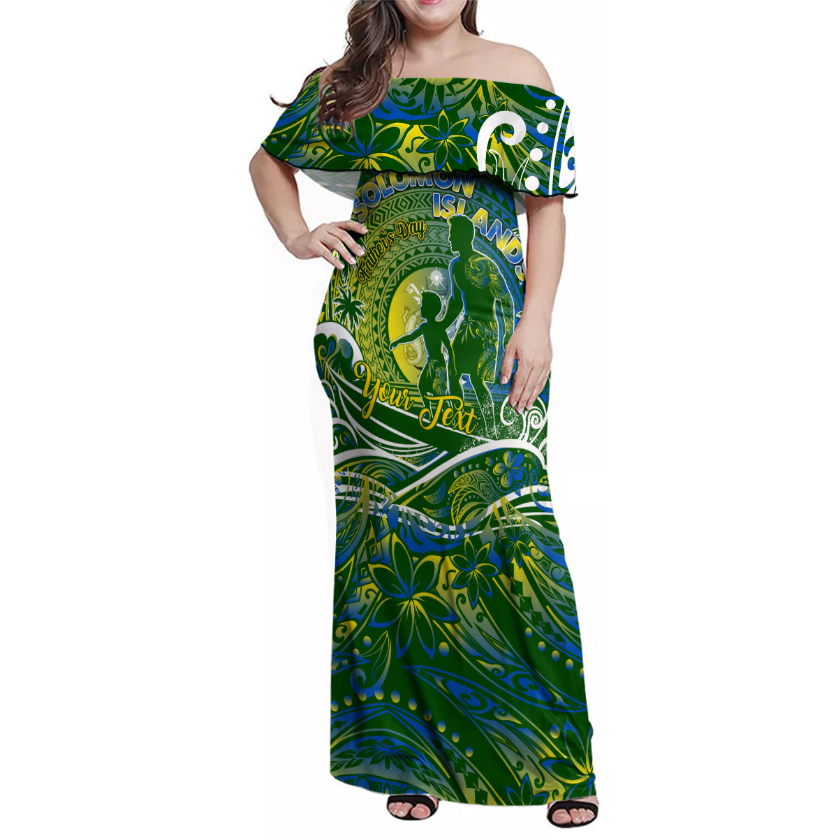 Father's Day Solomon Islands Family Matching Off Shoulder Maxi Dress and Hawaiian Shirt Special Dad Polynesia Paradise DT02 Mom's Dress Green - Polynesian Pride