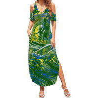 Father's Day Solomon Islands Family Matching Summer Maxi Dress and Hawaiian Shirt Special Dad Polynesia Paradise DT02 Mom's Dress Green - Polynesian Pride