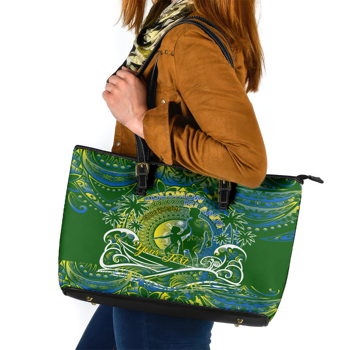 Father's Day Solomon Islands Leather Tote Bag Special Dad Polynesia Paradise DT02 Green - Polynesian Pride