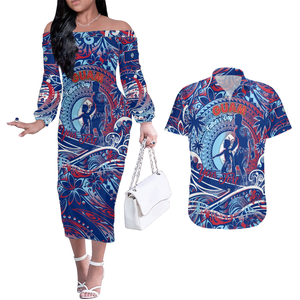 Father's Day Guam Couples Matching Off The Shoulder Long Sleeve Dress and Hawaiian Shirt Special Dad Polynesia Paradise DT02 Blue - Polynesian Pride