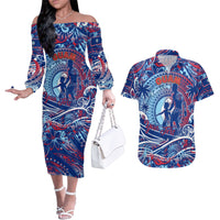 Father's Day Guam Couples Matching Off The Shoulder Long Sleeve Dress and Hawaiian Shirt Special Dad Polynesia Paradise DT02 Blue - Polynesian Pride