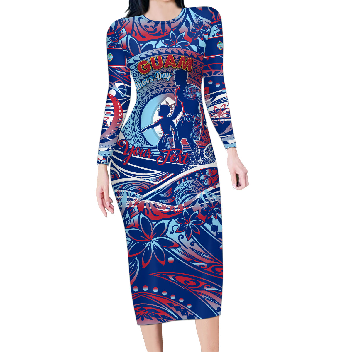 Father's Day Guam Family Matching Long Sleeve Bodycon Dress and Hawaiian Shirt Special Dad Polynesia Paradise DT02 Mom's Dress Blue - Polynesian Pride