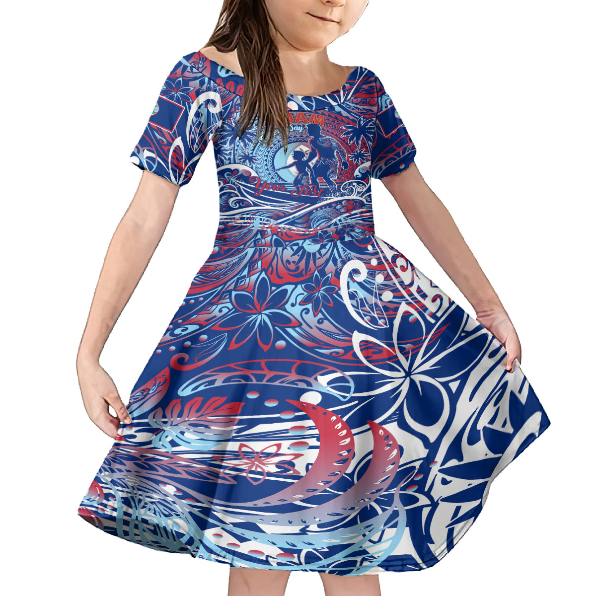 Father's Day Guam Family Matching Off Shoulder Maxi Dress and Hawaiian Shirt Special Dad Polynesia Paradise DT02 Daughter's Dress Blue - Polynesian Pride