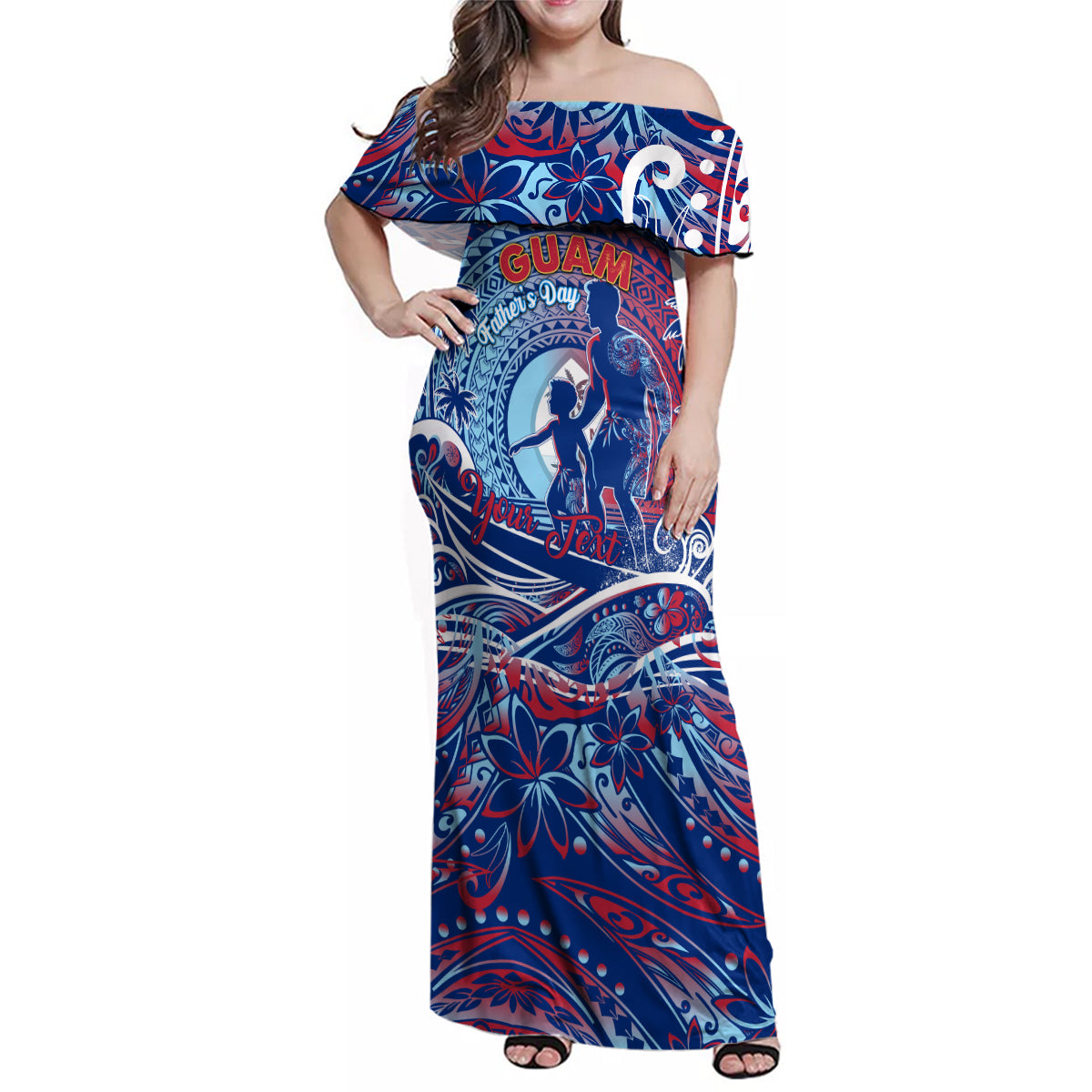 Father's Day Guam Family Matching Off Shoulder Maxi Dress and Hawaiian Shirt Special Dad Polynesia Paradise DT02 Mom's Dress Blue - Polynesian Pride