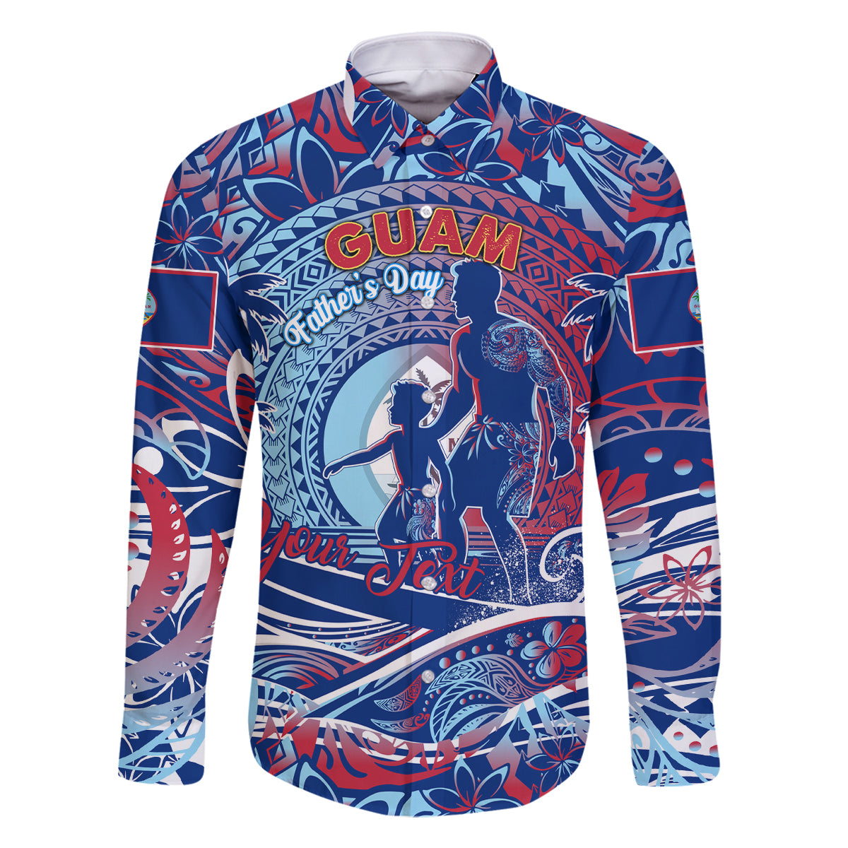 Father's Day Guam Family Matching Off Shoulder Short Dress and Hawaiian Shirt Special Dad Polynesia Paradise DT02 Dad's Shirt - Long Sleeve Blue - Polynesian Pride