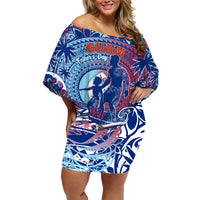 Father's Day Guam Family Matching Off Shoulder Short Dress and Hawaiian Shirt Special Dad Polynesia Paradise DT02 Mom's Dress Blue - Polynesian Pride