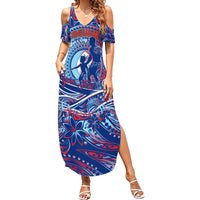 Father's Day Guam Family Matching Summer Maxi Dress and Hawaiian Shirt Special Dad Polynesia Paradise DT02 Mom's Dress Blue - Polynesian Pride