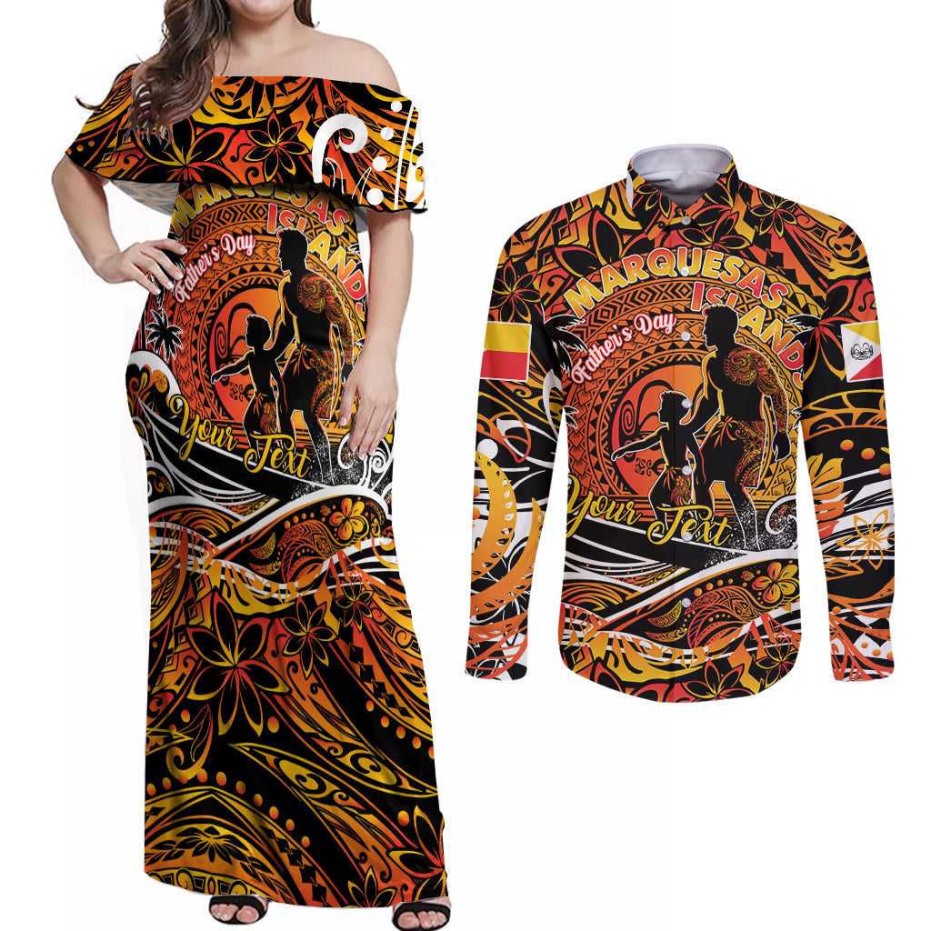 Father's Day Marquesas Islands Couples Matching Off Shoulder Maxi Dress and Long Sleeve Button Shirt Special Dad Polynesia Paradise