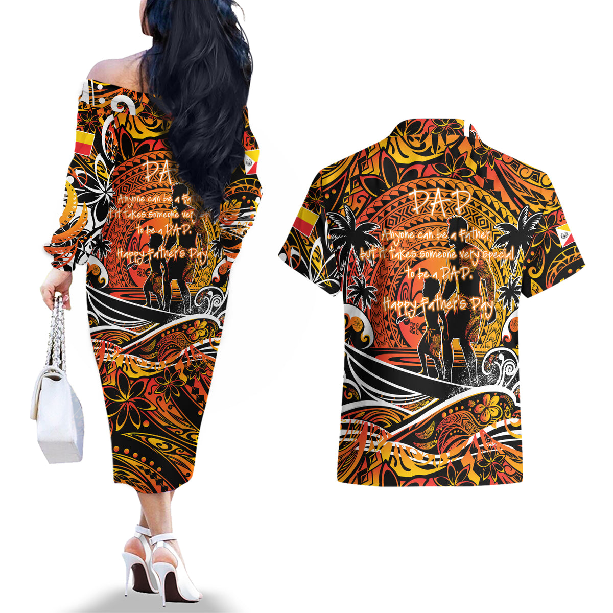 Father's Day Marquesas Islands Couples Matching Off The Shoulder Long Sleeve Dress and Hawaiian Shirt Special Dad Polynesia Paradise DT02 - Polynesian Pride