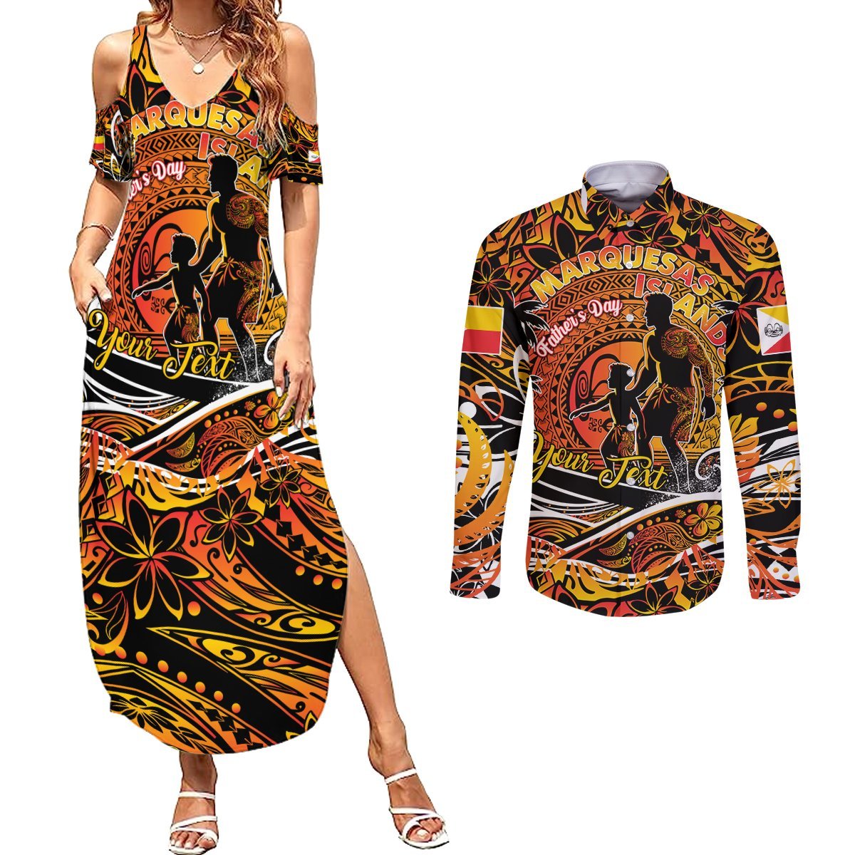 Father's Day Marquesas Islands Couples Matching Summer Maxi Dress and Long Sleeve Button Shirt Special Dad Polynesia Paradise DT02 Orange - Polynesian Pride