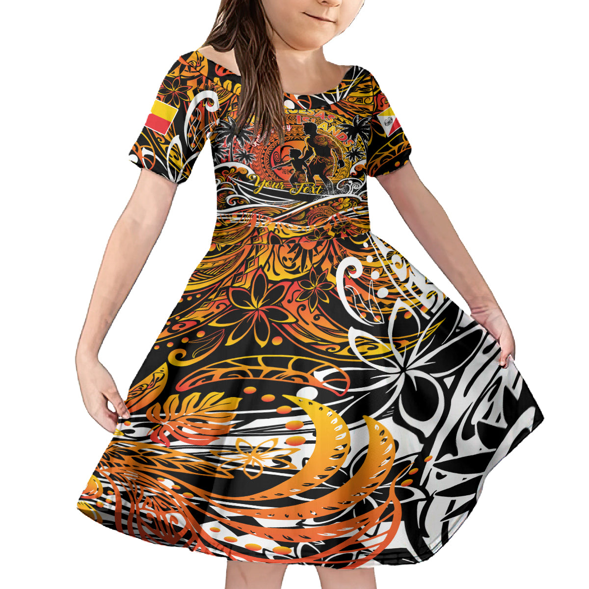 Father's Day Marquesas Islands Family Matching Off The Shoulder Long Sleeve Dress and Hawaiian Shirt Special Dad Polynesia Paradise DT02 Daughter's Dress Orange - Polynesian Pride