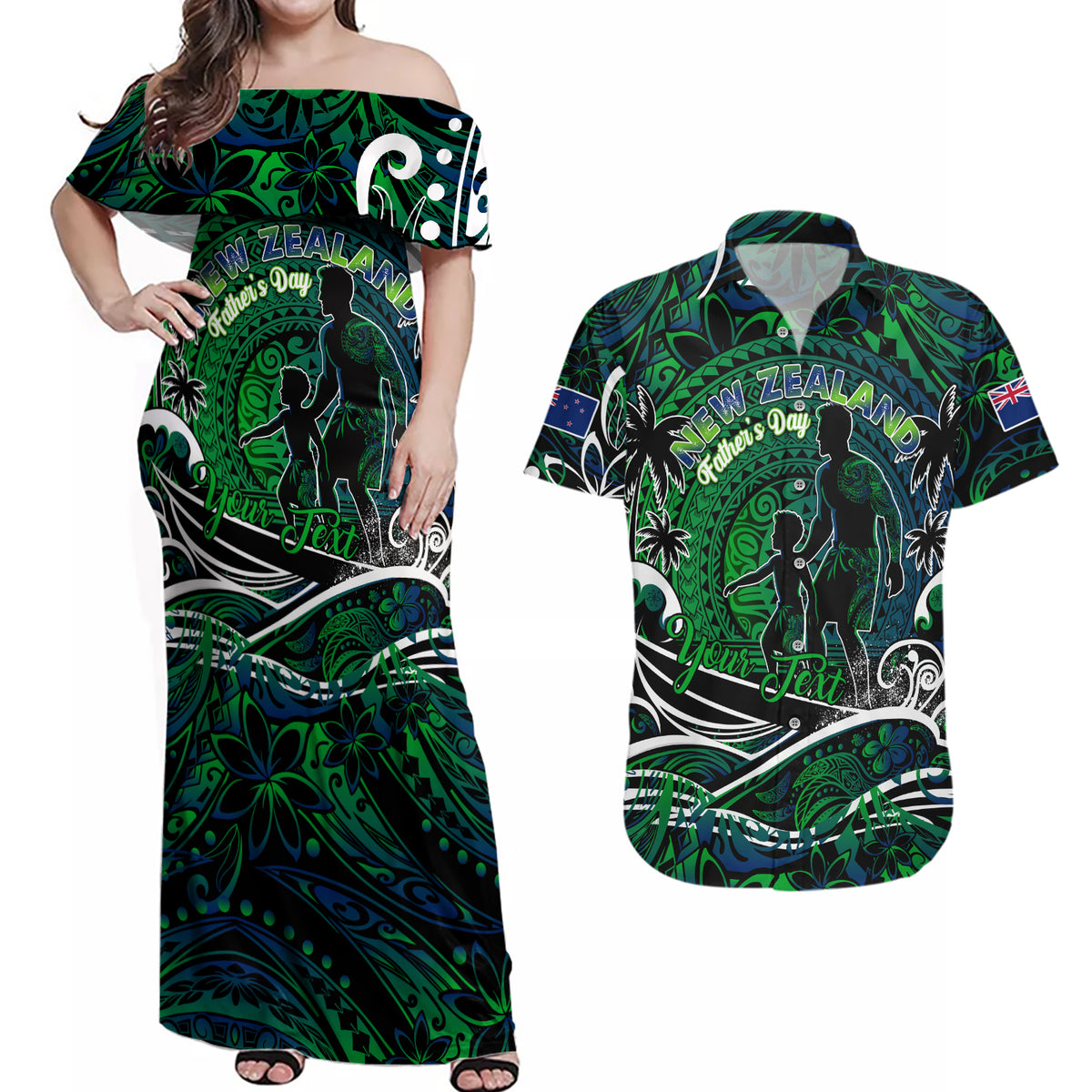 Father's Day New Zealand Couples Matching Off Shoulder Maxi Dress and Hawaiian Shirt Special Dad Polynesia Paradise DT02 Green - Polynesian Pride