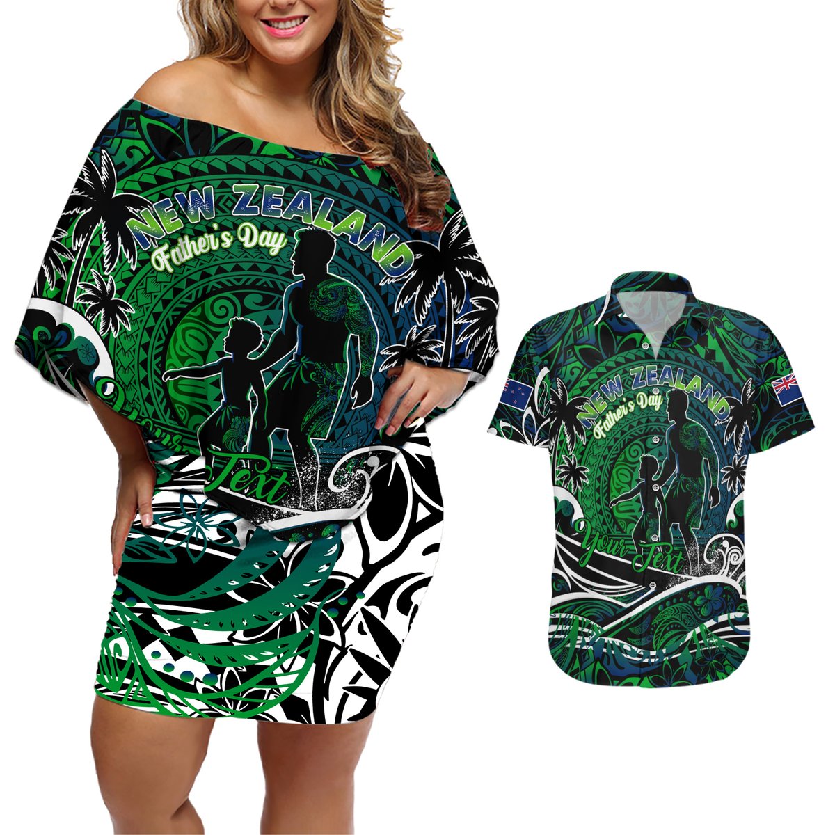 Father's Day New Zealand Couples Matching Off Shoulder Short Dress and Hawaiian Shirt Special Dad Polynesia Paradise DT02 Green - Polynesian Pride