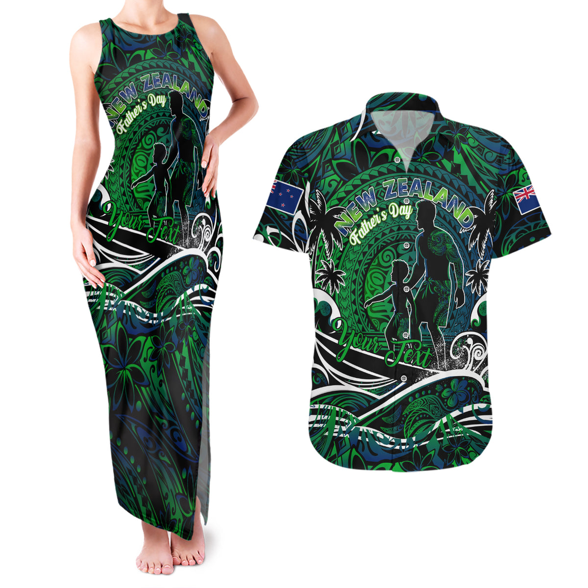 Father's Day New Zealand Couples Matching Tank Maxi Dress and Hawaiian Shirt Special Dad Polynesia Paradise DT02 Green - Polynesian Pride